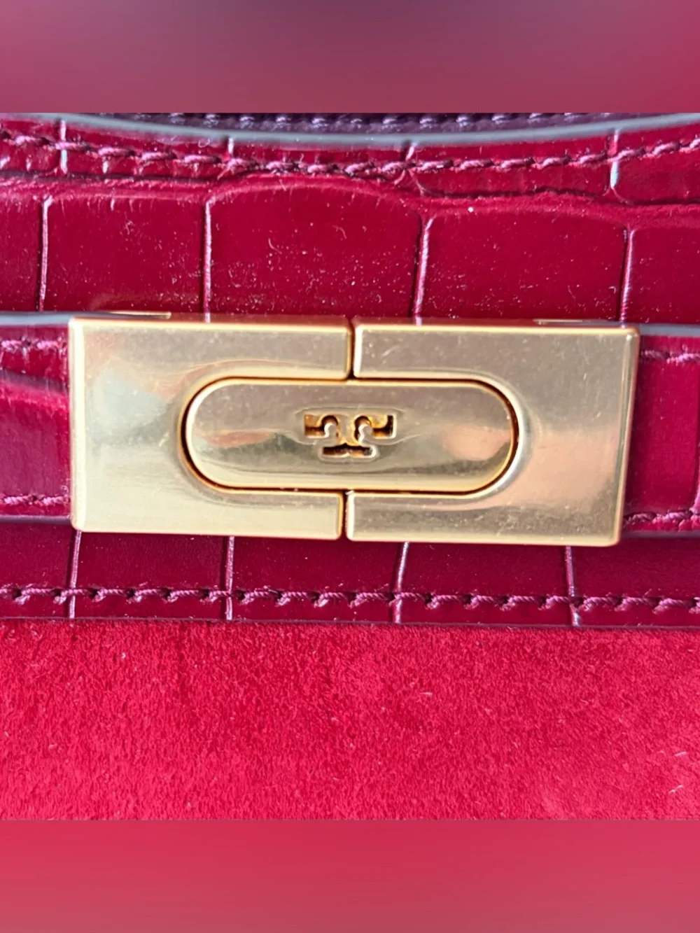Tory Burch Lee Radziwill Croc-Embossed Leather & Suede Saddle Bag in Roma Red